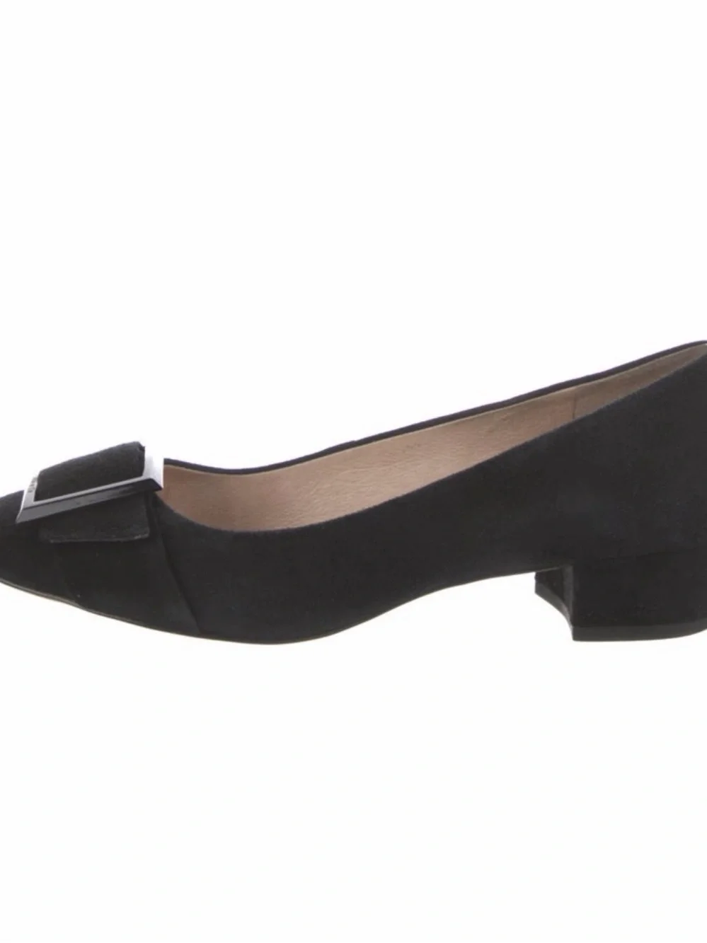 Louise et Cie Black Suede Low Block Heel Pump with Square Buckle
